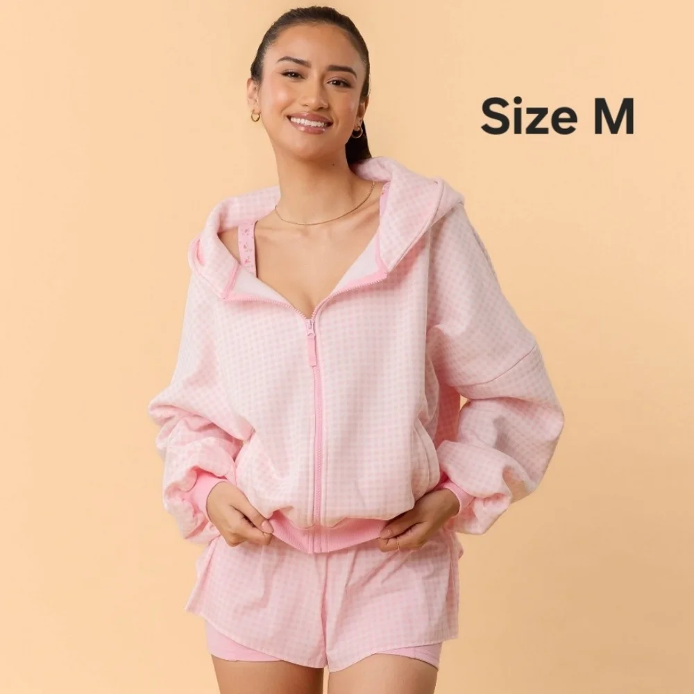 Target Blogilates Marshmallow Full Zip Hooded Sweatshirt Pink Gingham - Picture 1 of 7